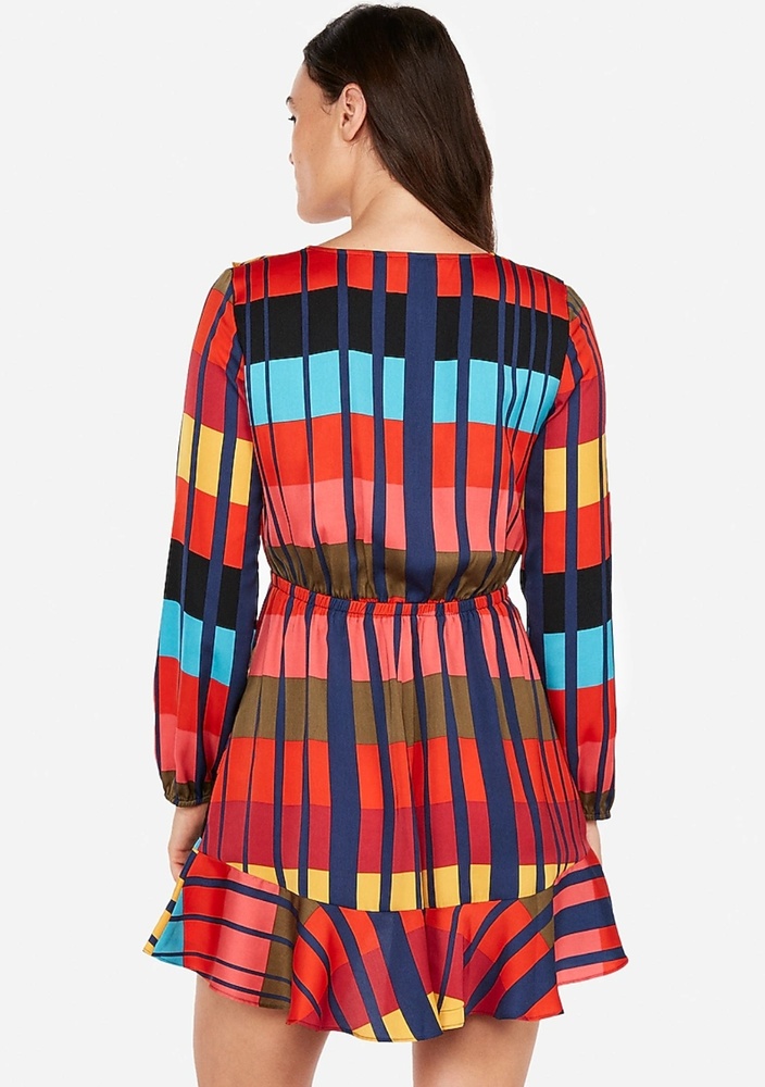 NWT Express Color Block Ruffle Wrap Dress - Picture 2 of 5